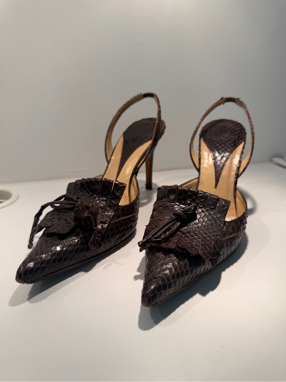 Boccaccini Dark Brown Pointed Toe Slingback Heels with Tassel Detail Vero Cuolo
